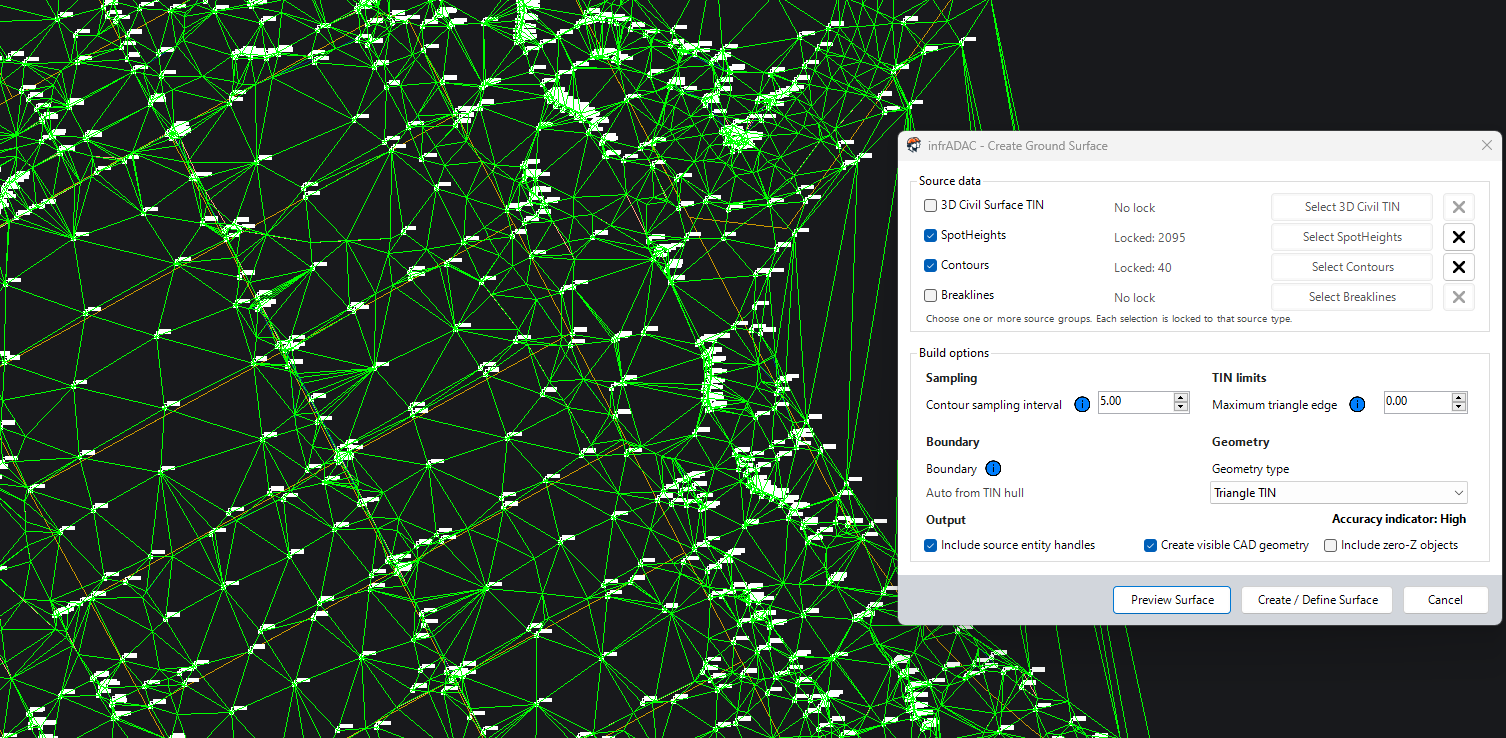 Illustration of generated ground levels being created from selected surface geometry