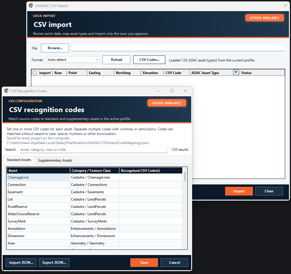 infrADAC CSV recognition code and import window
