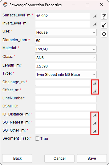 Sewer Connection form showing new measure buttons for attribute offsets and distances