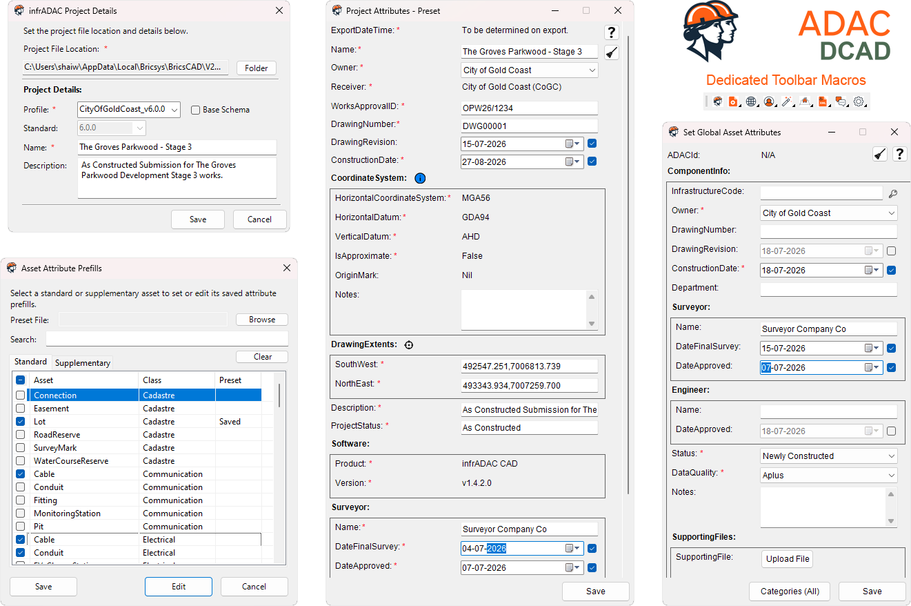 infrADAC DCAD project setup and attribute windows in 12d Model